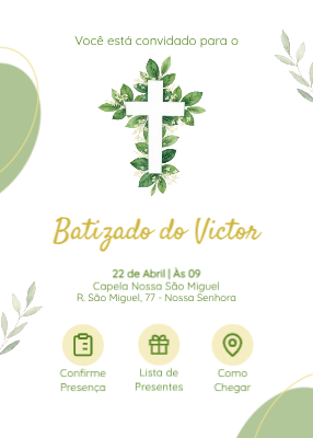 Template de convite: Convite batizado cruz com folhas